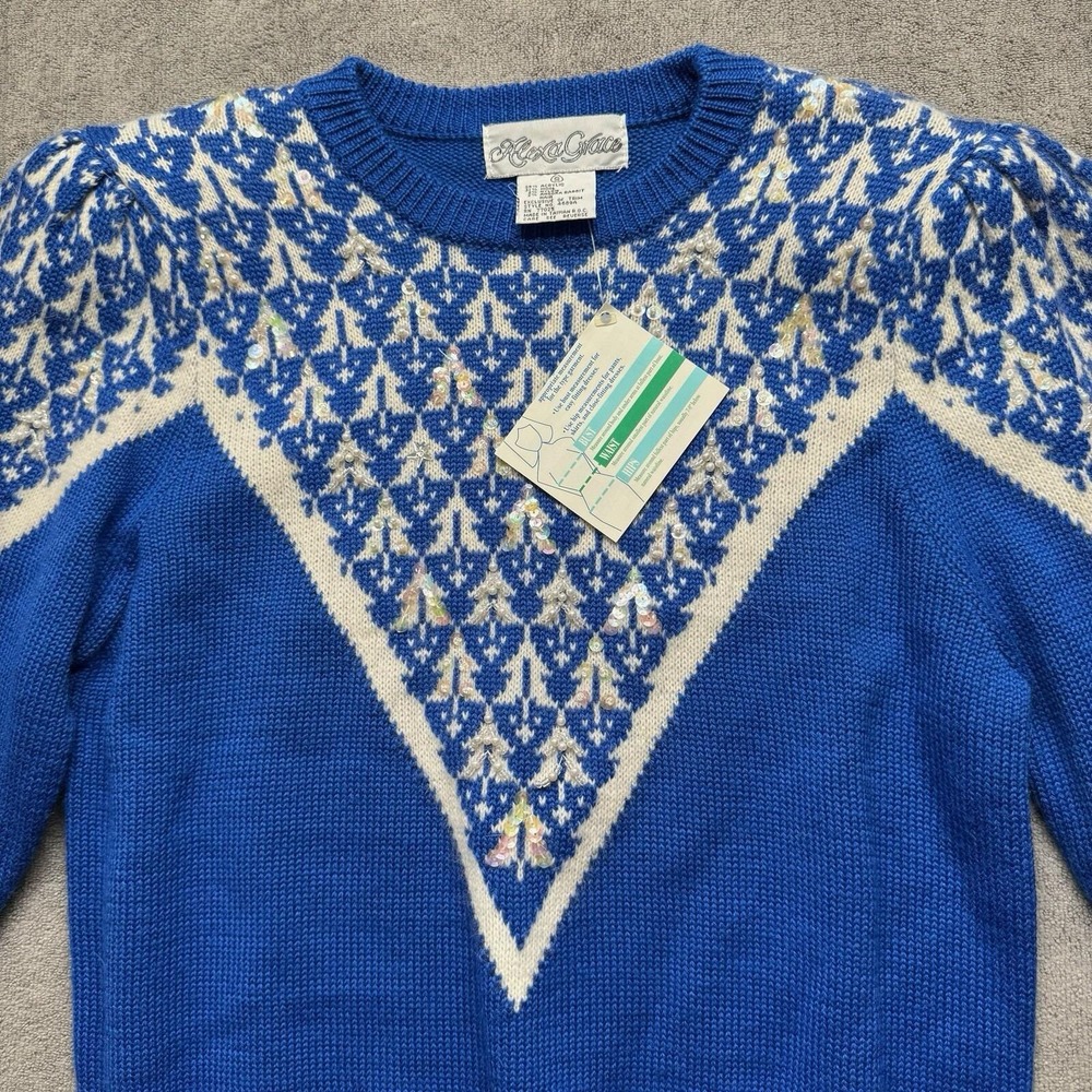 80s Blue Wool Fair Isle Sweater Small Alexa Grace Angora NWT Ice Skater Y2K - Picture 2 of 9